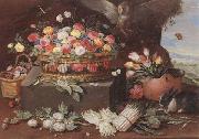 Jan Van Kessel Still life of various flwers in a basket,tulips in a copper pot hortensias,asparagi and artichokes laid out on the ground,together with an owl,butterf Sweden oil painting artist